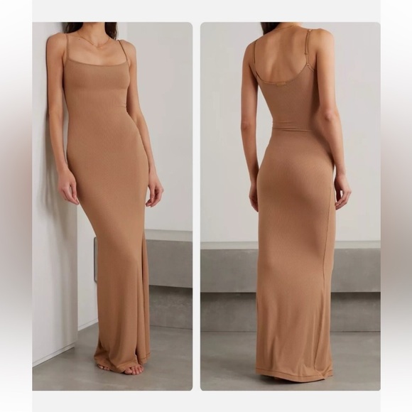 SKIMS Dresses & Skirts - SKIMS Soft Lounge Ribbed Long Slip Dress Maxi Camel Caramel Size Small Stretchy
